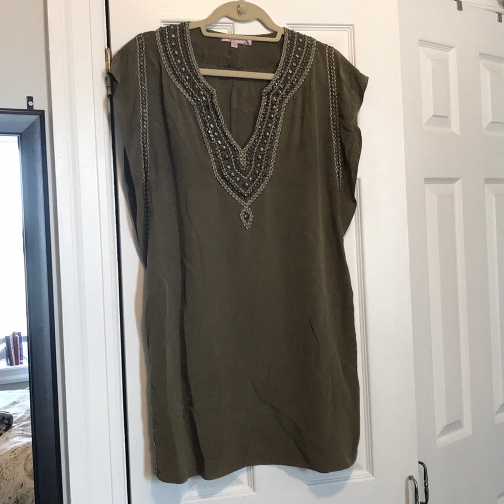 Army green silk dress with detail